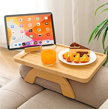 Bamboo Sofa Tray Table Clip on Side Table for Wide Couches Arm, Foldable Couch Tray with 360° Ro... | Amazon (US)