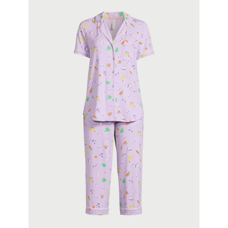 Joyspun Women's Knit Short Sleeve Notch Collar Top and Capri Pajama Set, 2-Piece, Sizes S to 3X | Walmart (US)