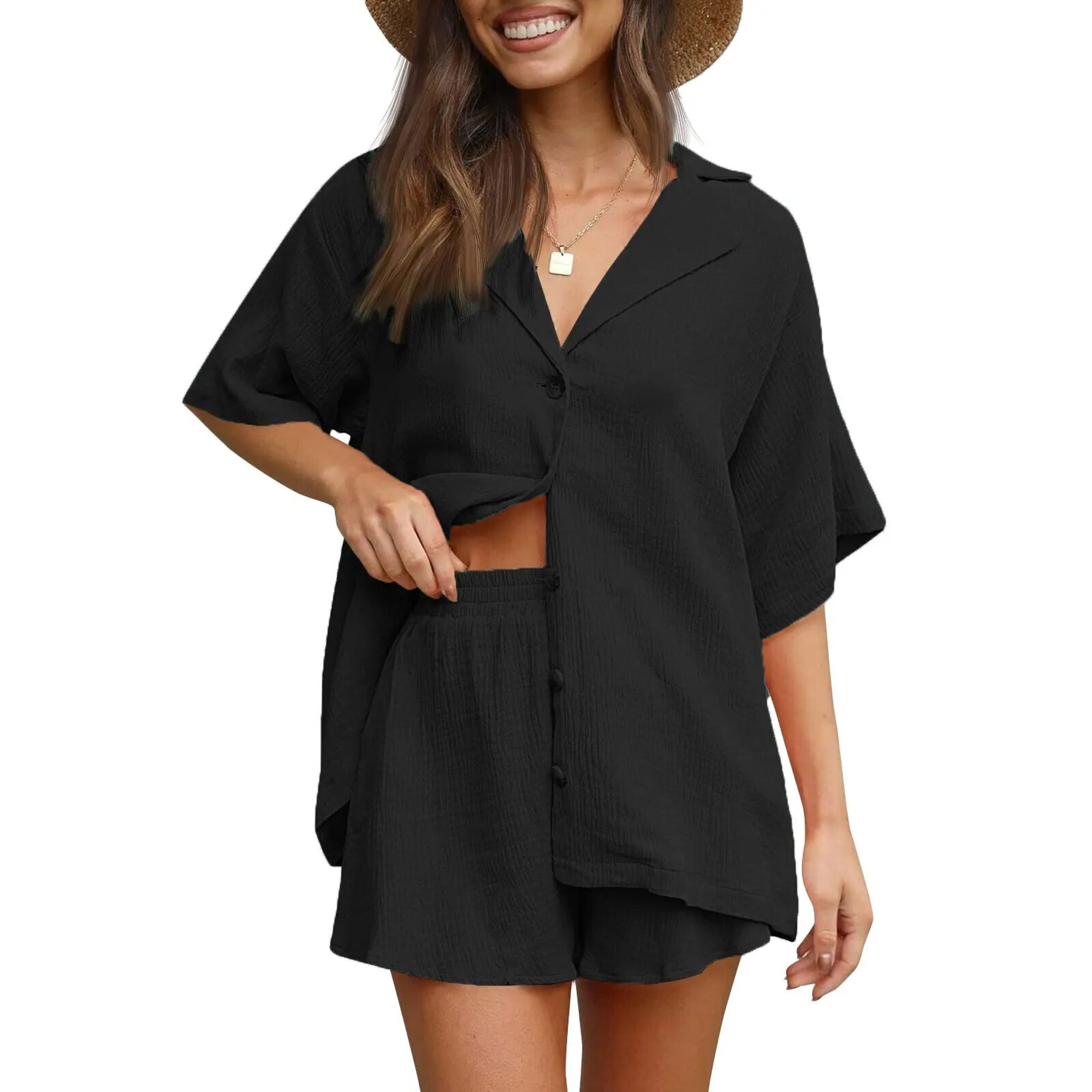 Fantaslook 2 Piece Lounge sets for women Button Down Shirts and Shorts Casual Set Short Sleeve Su... | Walmart (US)