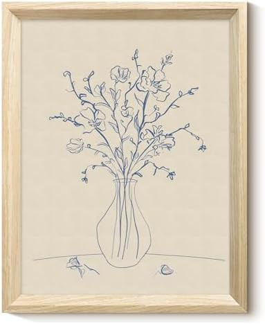 VIYYIEA Wooden Textures Framed Wall Art, Blue Line Floral Canvas Wall Decor, Minimalist Sketch Ar... | Amazon (US)