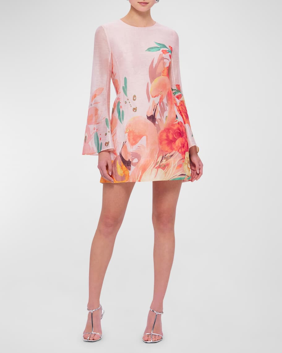 Suzanne Bell-Sleeve Floral-Print Mini Dress | Neiman Marcus