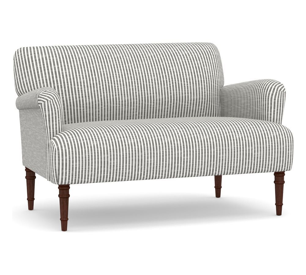 Morgan Upholstered Settee, Polyester Wrapped Cushions, Classic Stripe Charcoal | Pottery Barn (US)