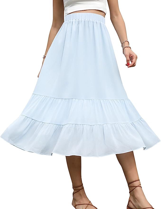 EXLURA Women’s High Waist Maxi Skirt Vintage A-Line Tiered Flowy Elastic Waist Swing Long Skirt | Amazon (US)