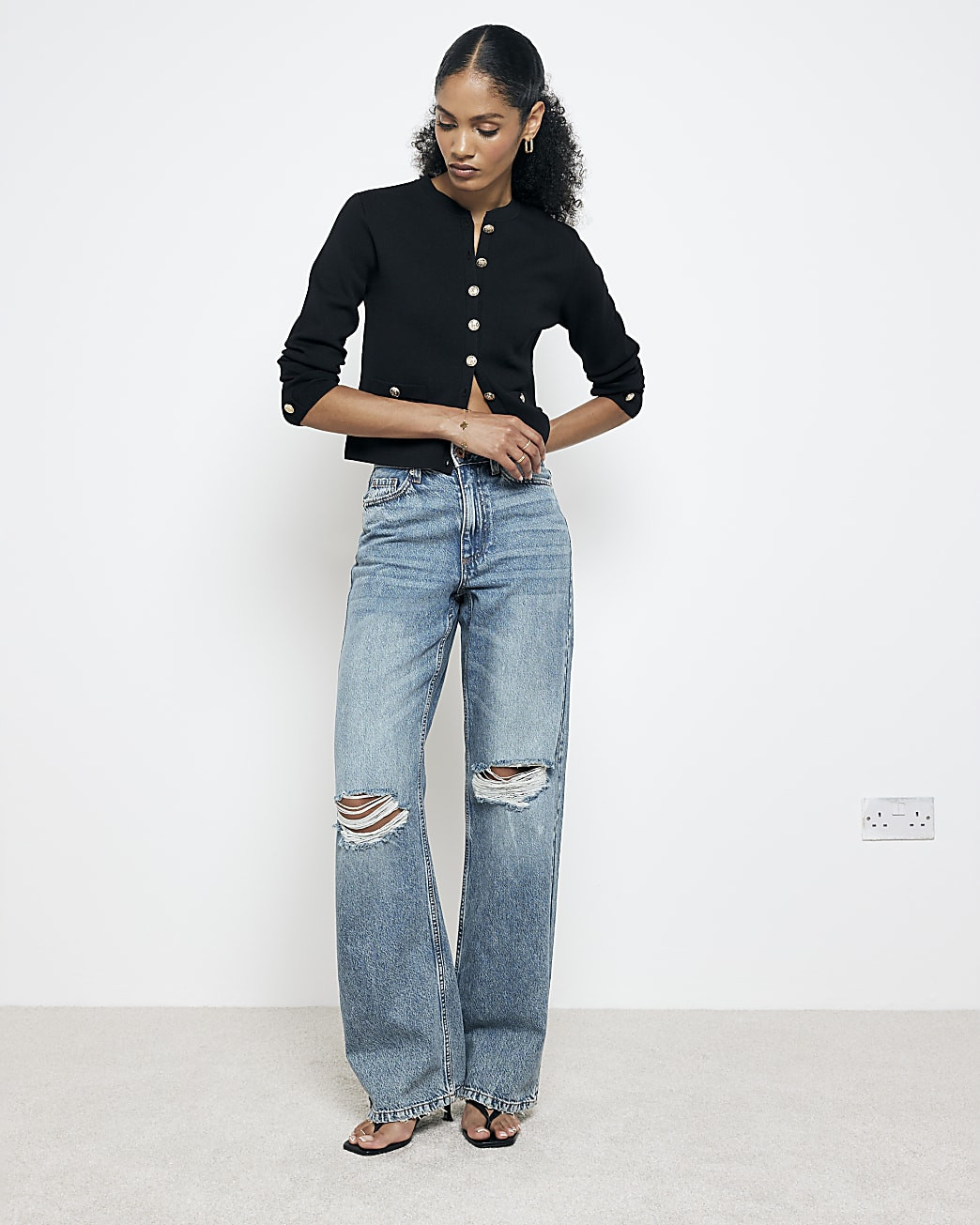 Blue high waisted relaxed straight rip jeans | River Island (UK & IE)