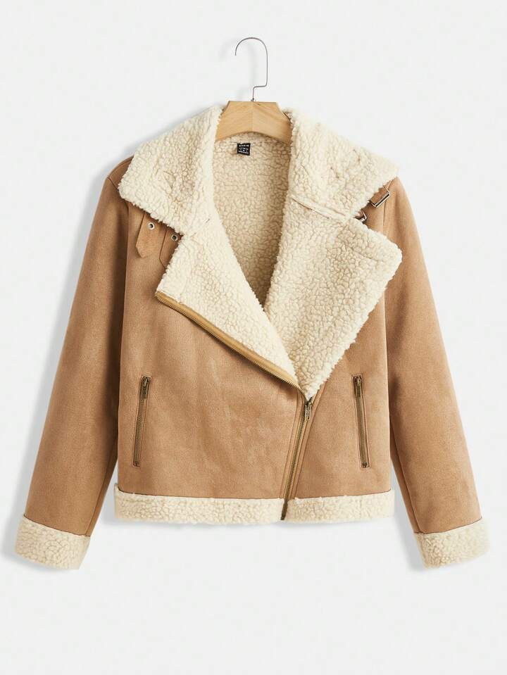 SHEIN EZwear Teddy Lined Zip Up Coat | SHEIN