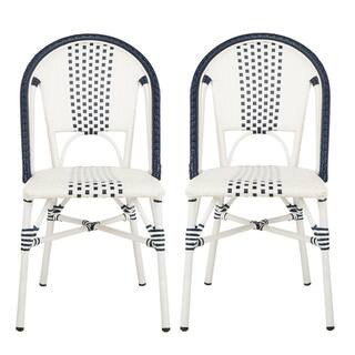 Safavieh Zoya Navy/White Stackable Aluminum/Wicker Outdoor Dining Chair (2-Pack)-PAT4037A-SET2 - ... | The Home Depot