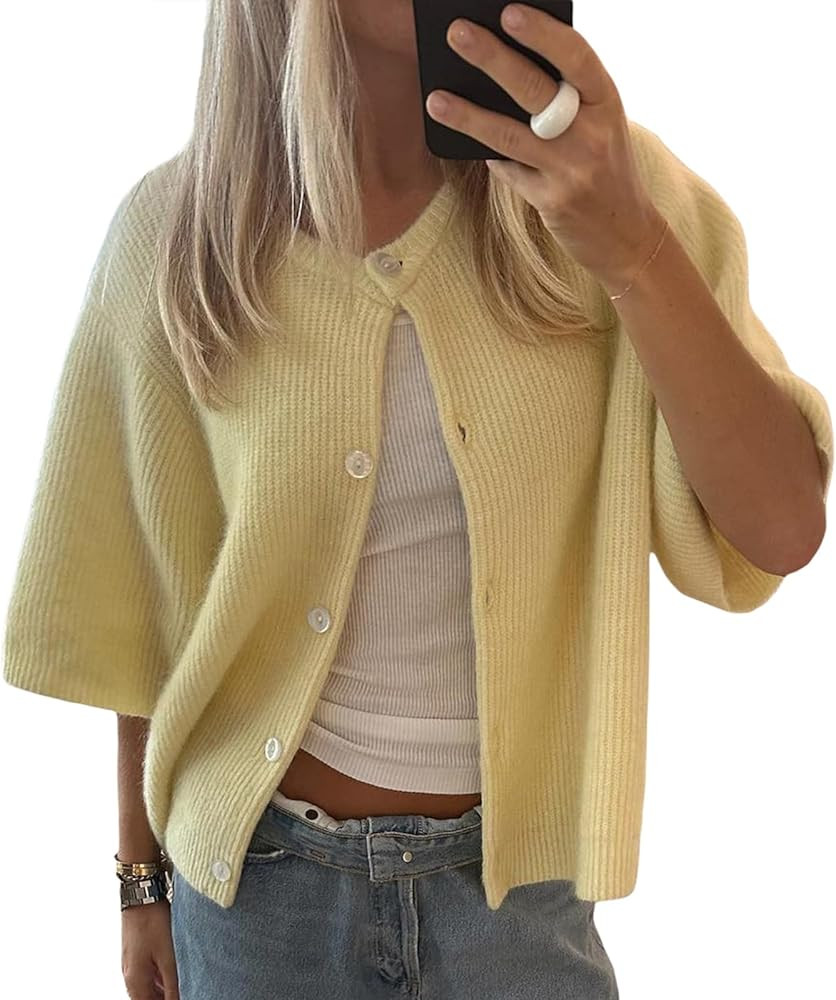 Women Knitted Crop Cardigan Short Sleeve Button Down Sweater Ribbed Knit Y2k Crop Top Going Out O... | Amazon (US)