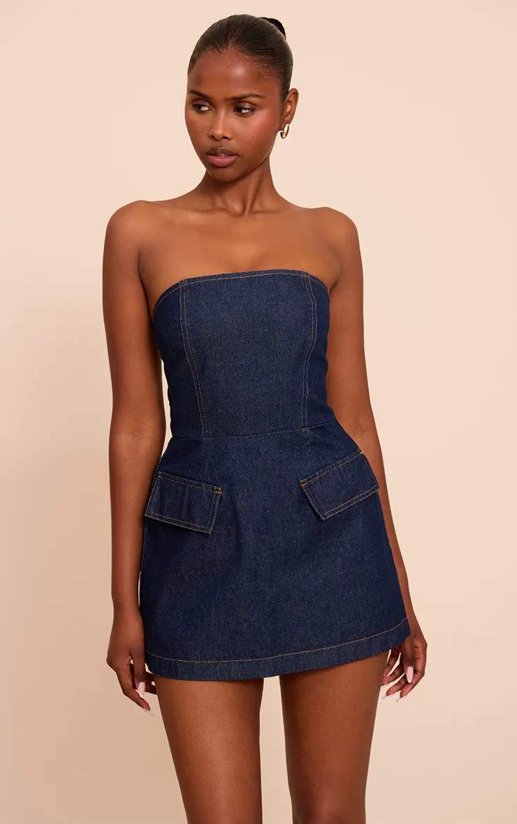 Indigo Strapless Structured A Line Denim Mini Dress | PrettyLittleThing US