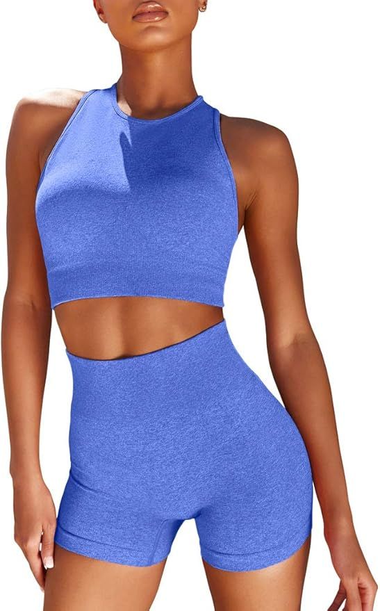 OYS Women's 2 Piece Outfits Seamless High Waisted Workout Shorts Racerback Padded Yoga Bra Sets | Amazon (US)