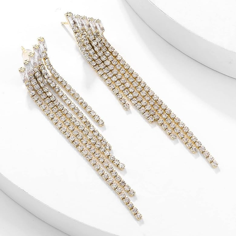 UTTMO Fringe Chandelier Drop Dangle Earrings For Women, Boho Long Handmade Bohemian CZ Crystal Rhinestone Statement Chain Wedding Dangle Earrings for Prom Party | Amazon (US)
