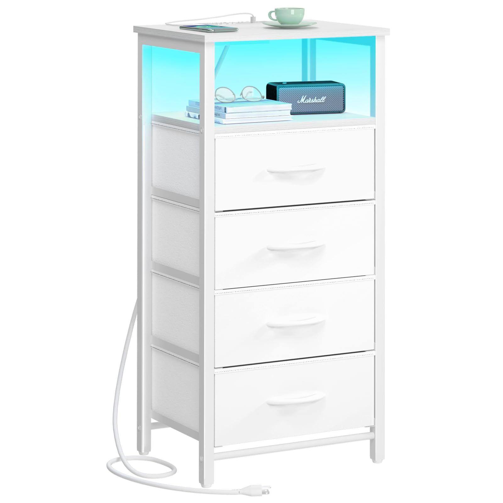 Yoobure Night Stand - LED White Nightstand with Charging Station, Bedside Table with 4 Storage Dr... | Amazon (US)