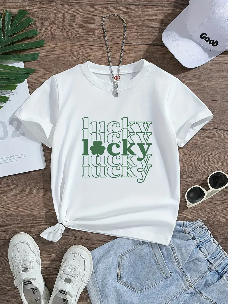 Shamrock Lucky Print 95% Cotton Short Sleeve T shirt Comfy - Temu | Temu Affiliate Program