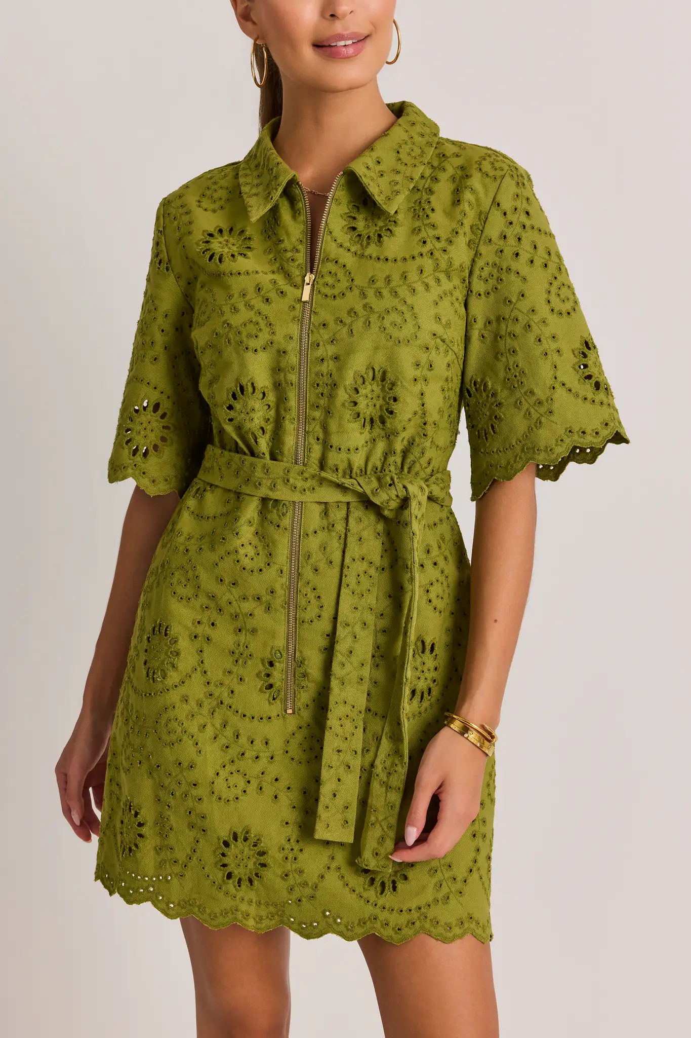 Green Eyelet Zip Up Short Dress | Avara