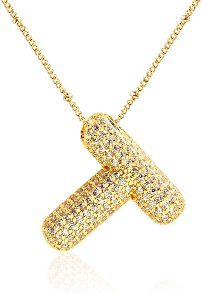 18k Gold Plated Dainty Cubic Zirconia Bubble Alphabet 26 A-Z Letter Necklace, Personalized Monogr... | Amazon (US)