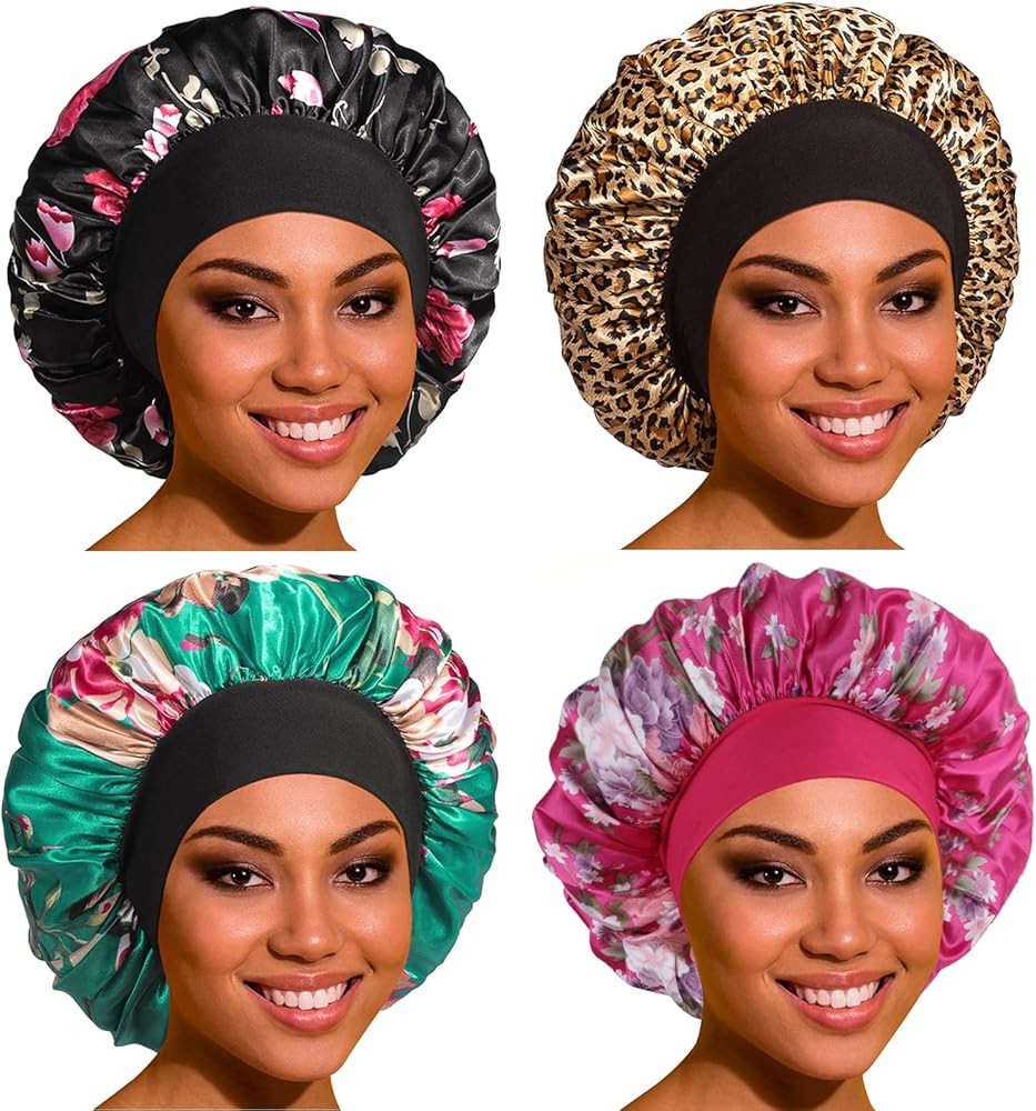 Satin Bonnet Hair Bonnet for Sleeping- 4 Pack Large Silk Bonnets for Women with Elastic Soft Band... | Amazon (US)