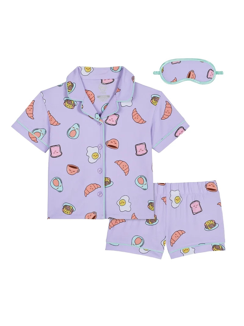 Wonder Nation Girls Short Sleeve Button Front Pajama Top and Shorts Set with Eyemask, 3-Piece, Si... | Walmart (US)