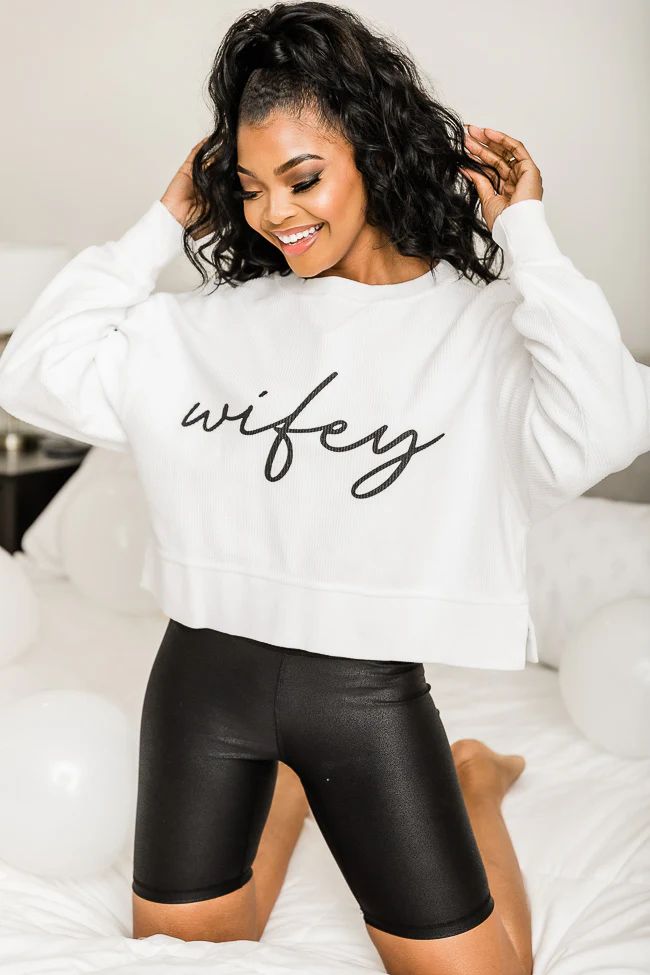 Wifey Script White Cropped Corded Graphic Sweatshirt | Pink Lily