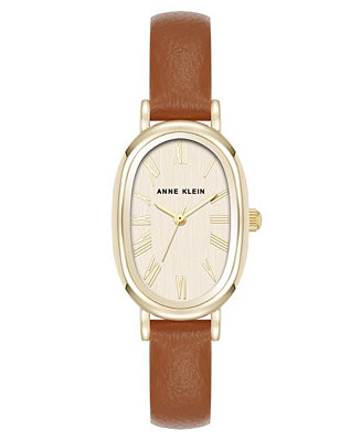 Women's Quartz Oval Brown Polyurethane Leather and Gold-Tone Metal Alloy Watch, 23mm | Macy's