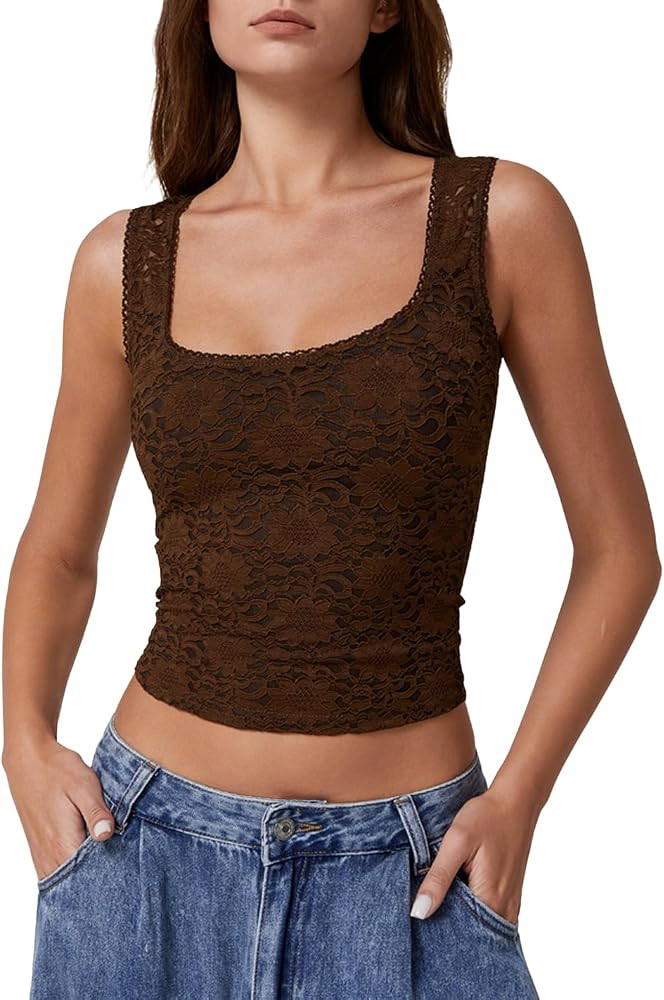 QINSEN Women's Lace Trim Square Neck Sleeveless Double-Layer Tank Top | Amazon (US)