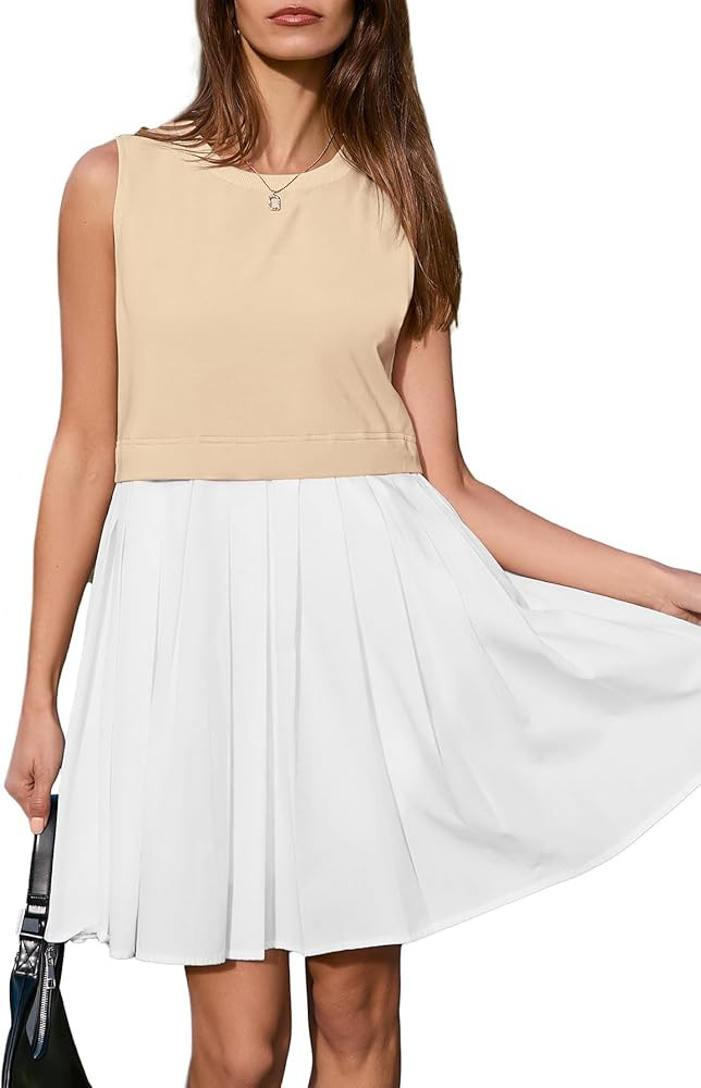 BerryGo Womens Summer Sweatshirt Dresses Sleeveless Casual Patchwork Flowy Pleated A Line Swing M... | Amazon (US)