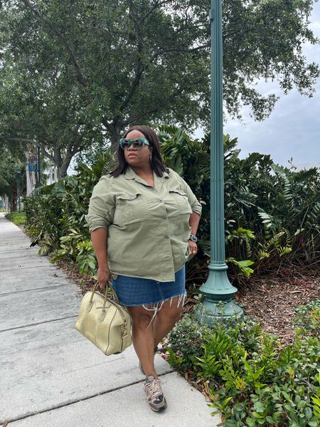 Khaki Peace Love World top and distressed Levi denim skirt Outfit #plussize

#LTKover40 #LTKitbag #LTKplussize