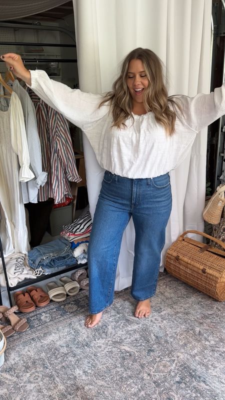 Madewell wide leg cropped denim. Im 5’3 and got the regular length so they are full length on me. 

I sized down one because there is stretch so comfy! 

#LTKmidsize #LTKFind