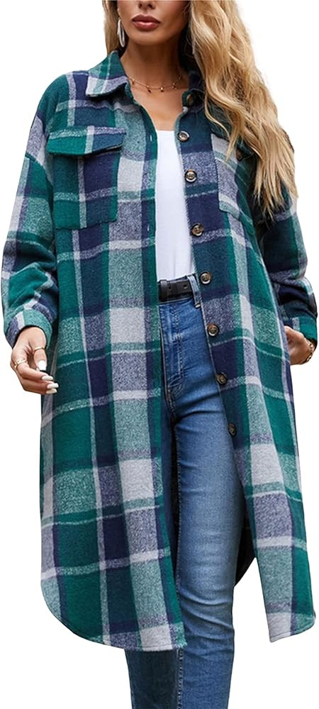 SKIKYAN Women Fall Flannel Plaid Shacket Jacket Oversized Button Down Long Shirt Jacket | Amazon (US)