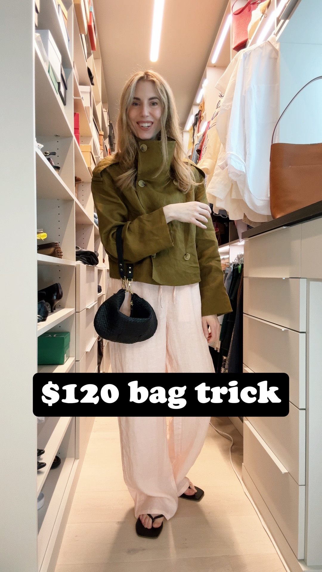 This mini bag is really versatile: you can make it into a little croissant shape as I have it here, wear it on the shoulder, as a wristlet, and cross-body. It packs flat, and it doubles as a pouch in your suitcase. This outfit is all straight lines, and it really needed a curvy accessory as a focal point. woven bag, handbag, designer bag, quince, vince, etsy, bag finds, workbag, leather bag

 

#LTKootd