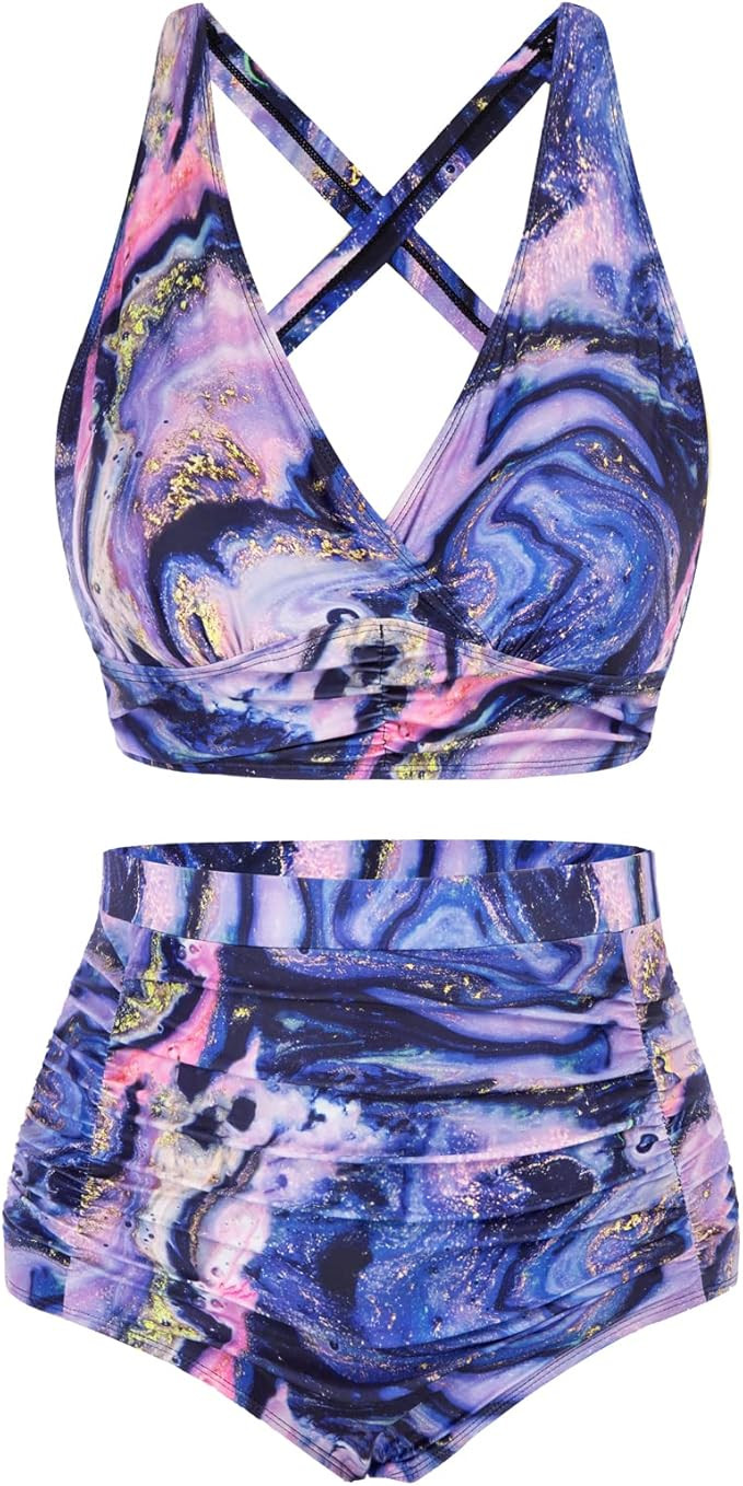 Women's Plus Size Halter V Neck Bikini Swimsuits High Waisted Ruched Tummy Control Swimwear | Amazon (US)