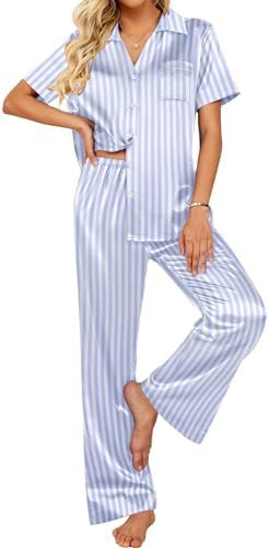 Ekouaer Silk Pajamas for Womens Set 2 Piece Satin Pjs Soft Button Down Sleepwear Wide Leg Long Pa... | Amazon (US)