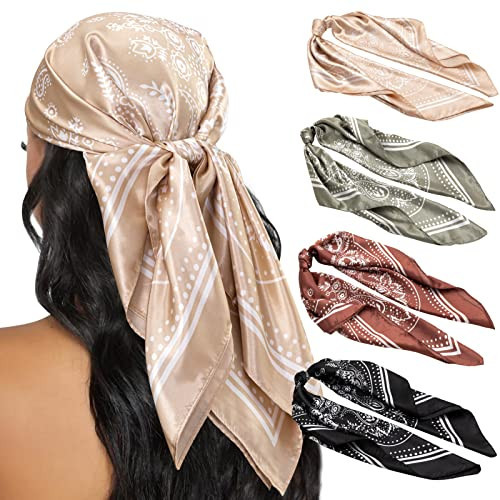HBselect 4PCS Head Scarf for Women 35” Head Scarves Silk Like Satin Neck Scarfs Square Bandana Hair Wraps Scarf for Sleeping | Amazon (US)