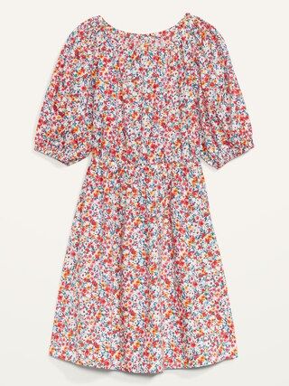 Waist-Defined Puff-Sleeve Floral Cotton-Poplin Mini Dress for Women | Old Navy (US)