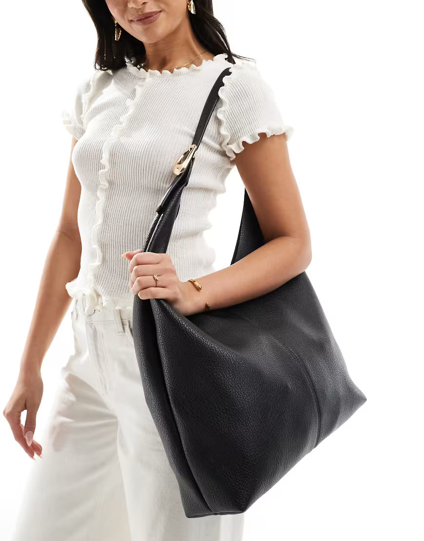 Glamorous slouchy shoulder tote bag with molten buckle detail in black | ASOS (Global)