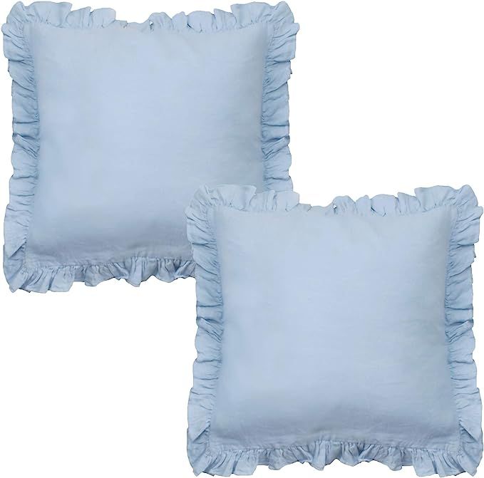 Simple&Opulence 2Pcs 100% Linen Throw Pillow Cover Pure Flax Cushion Cover Ruffles (Double Blue) | Amazon (US)