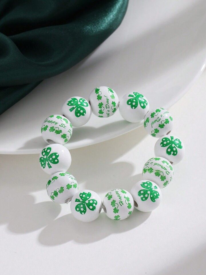 1pc Women's Fashion St. Patrick's Day Element Letter Beaded Clover Decor Elastic Bracelet | SHEIN