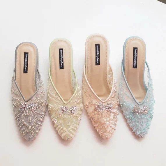 Beaded Embroidery Mules Soft Colour Block Heels Pointed Toe | Etsy | Etsy (US)