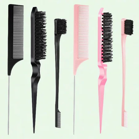 6Pcs Slick Back Hair Brush Gel Hair Brush Hair Brush Edge Comb Slick Brush Set Hair Comb Rat Tail Soft Bristle Hair Brush for Women Children's Hair (Black, Pink) | Walmart (US)