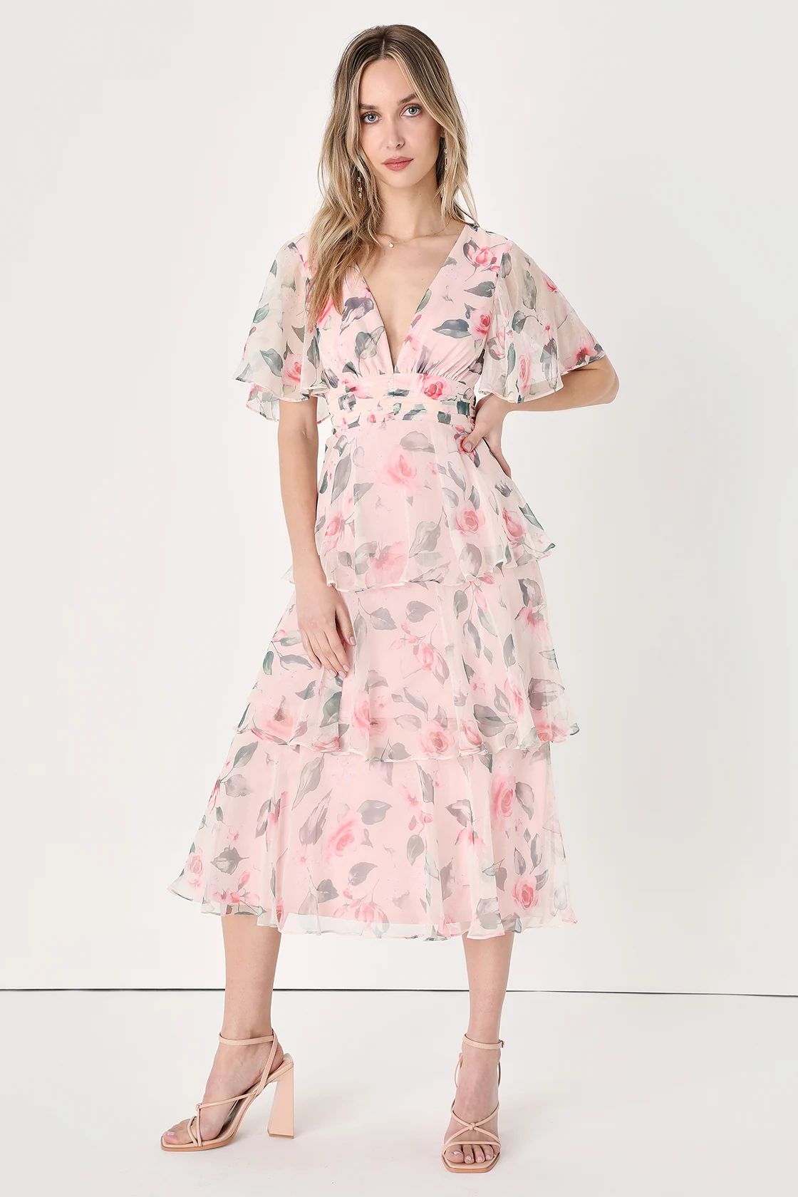 Marvelous Charm Blush Floral Flutter Sleeve Tiered Midi Dress | Lulus (US)