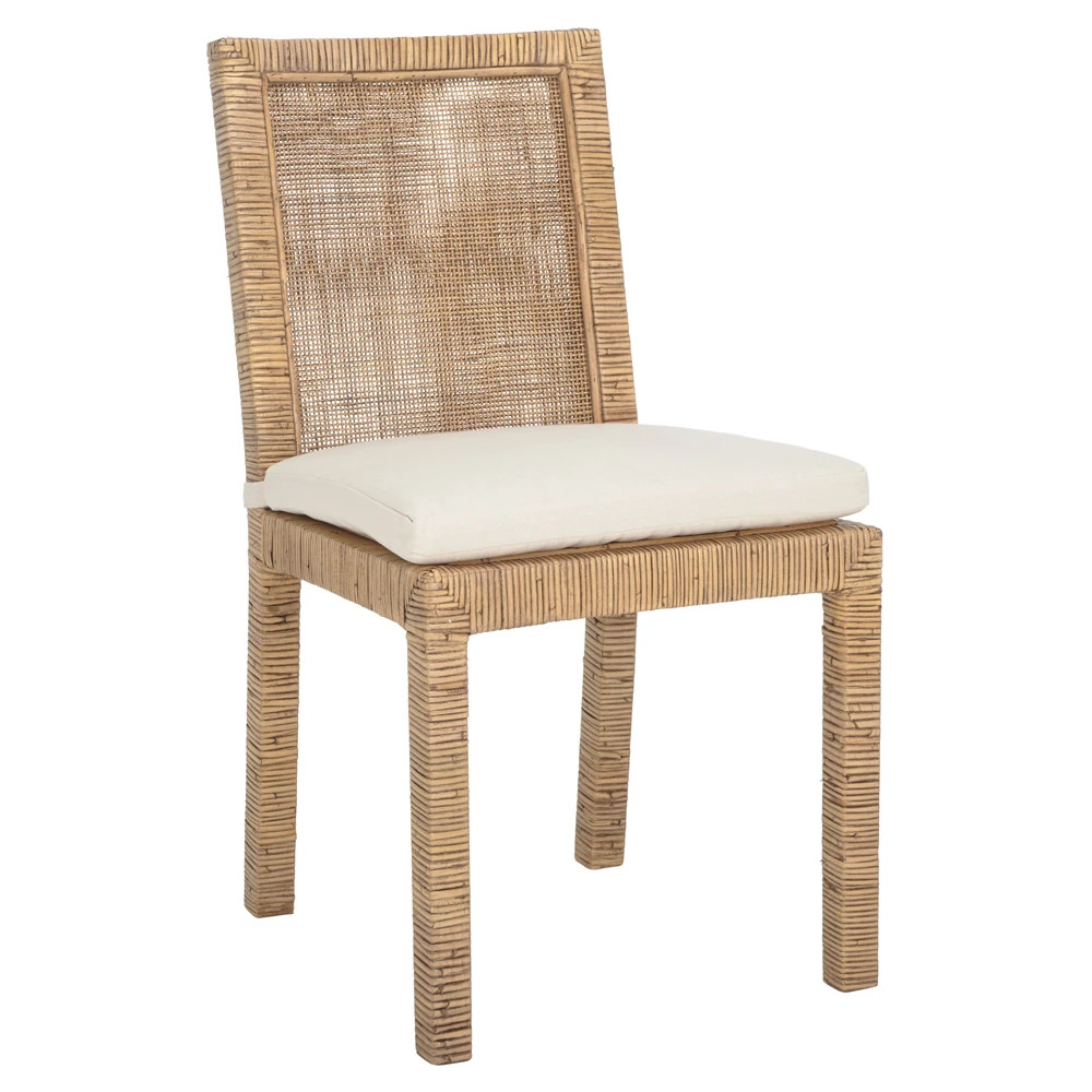 Layla Coastal Beach White Cotton Brown Rattan Woven Dining Chair - Set of 2 | Kathy Kuo Home