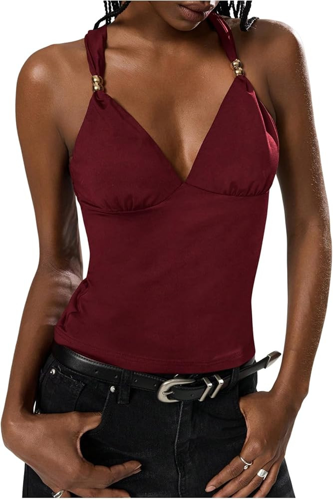 WDIRARA Women's V Neck Criss Cross Backless Cami Top Sleeveless Camisole Tops | Amazon (US)