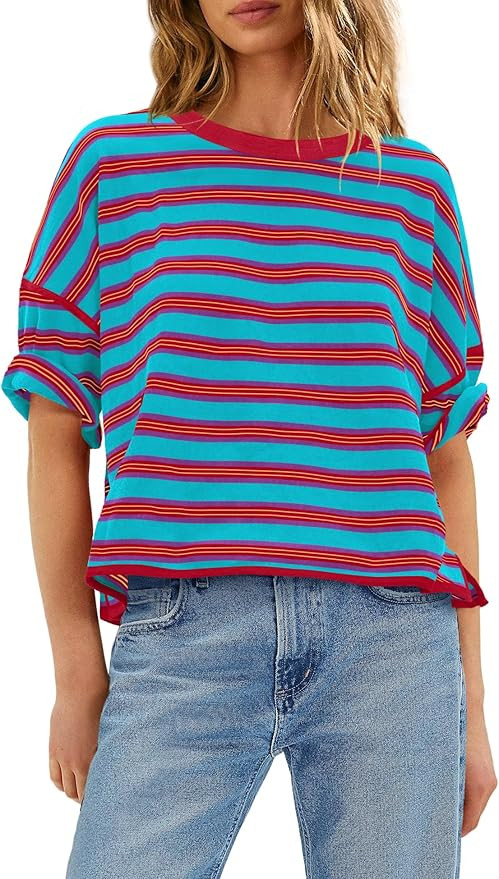 LAMISSCHE Womens Striped Shirt Short Sleeve Tops Summer Oversized Tshirts Boxy Tee Shirts Loose F... | Amazon (US)
