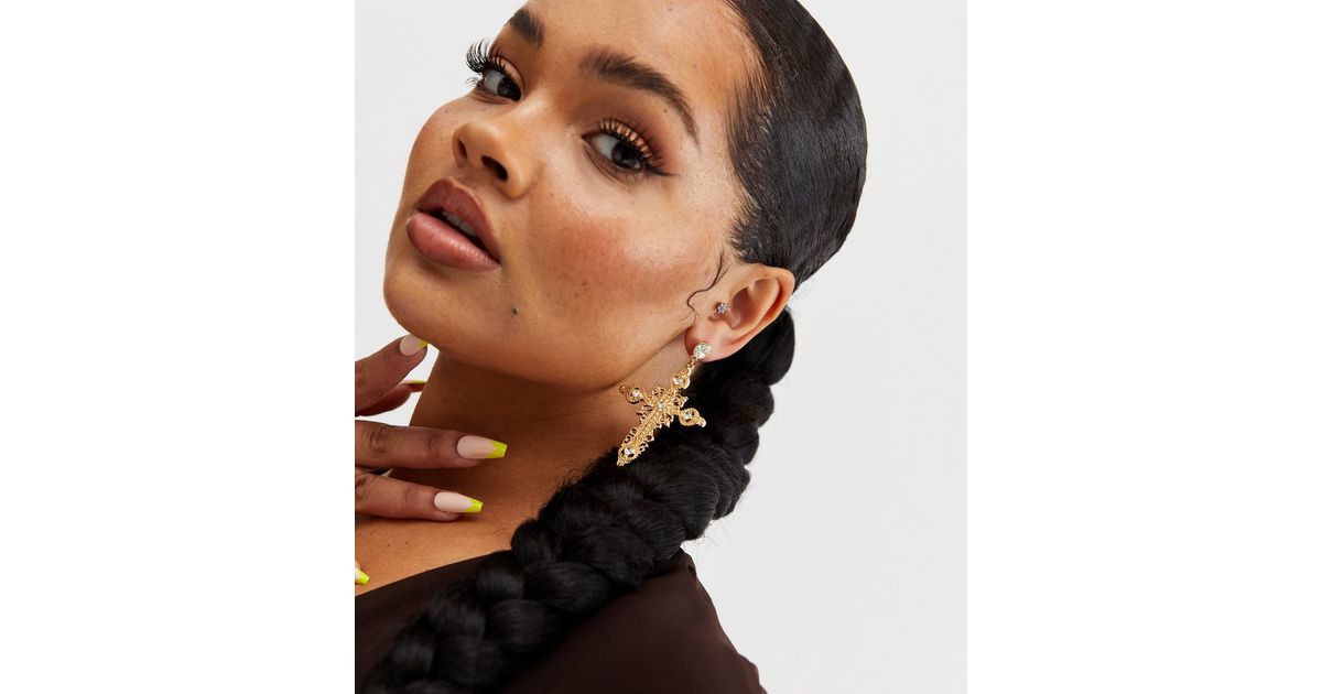 Prepare To Dazzle Gold Diamanté Cross Earrings | New Look | New Look (UK)