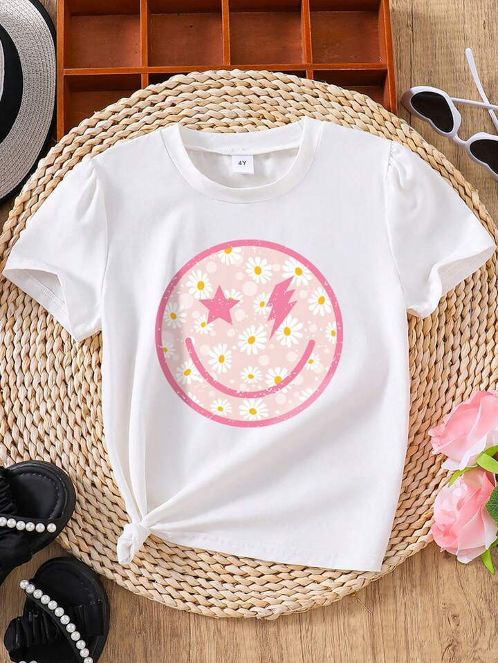 Young Girls' Casual Smiling Face Printed Short Sleeve T-Shirt, Summer | SHEIN