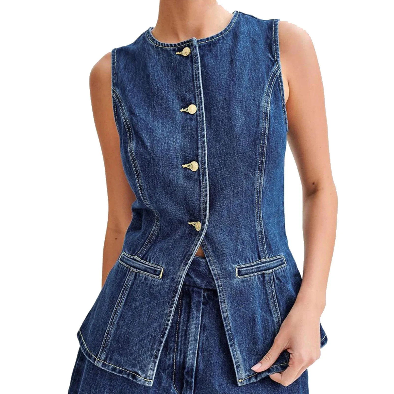 Women's Denim Vest Button down Sleeveless Back Slit Tunic Jean Jacket Open Front Slimming Tight F... | Walmart (US)