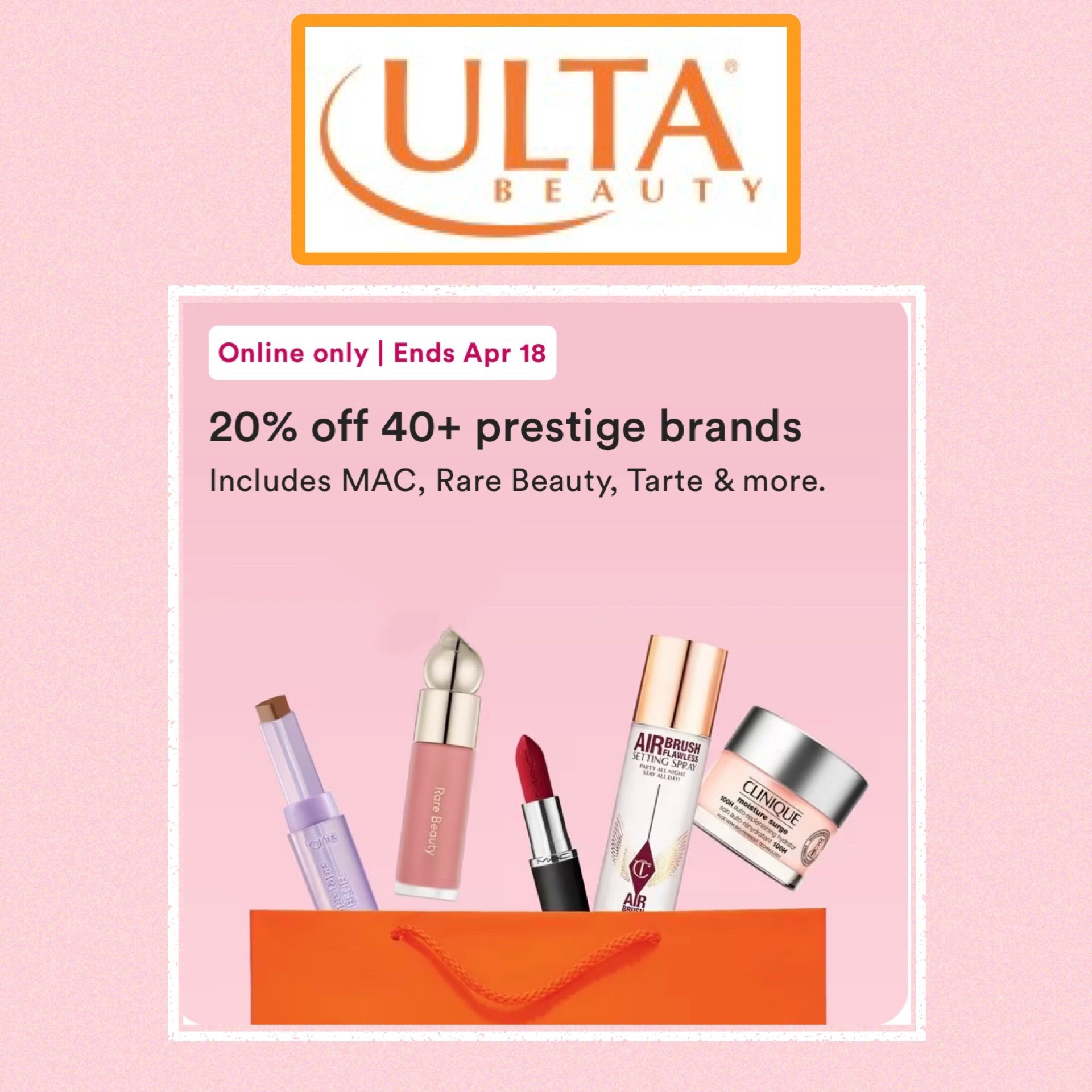 Ulta has 20% off prestige brands of makeup, skincare, hair care & fragrance
Now until 4/18!! Great time to stock up on your favorites ❤️



#LTKBeauty #LTKSaleAlert