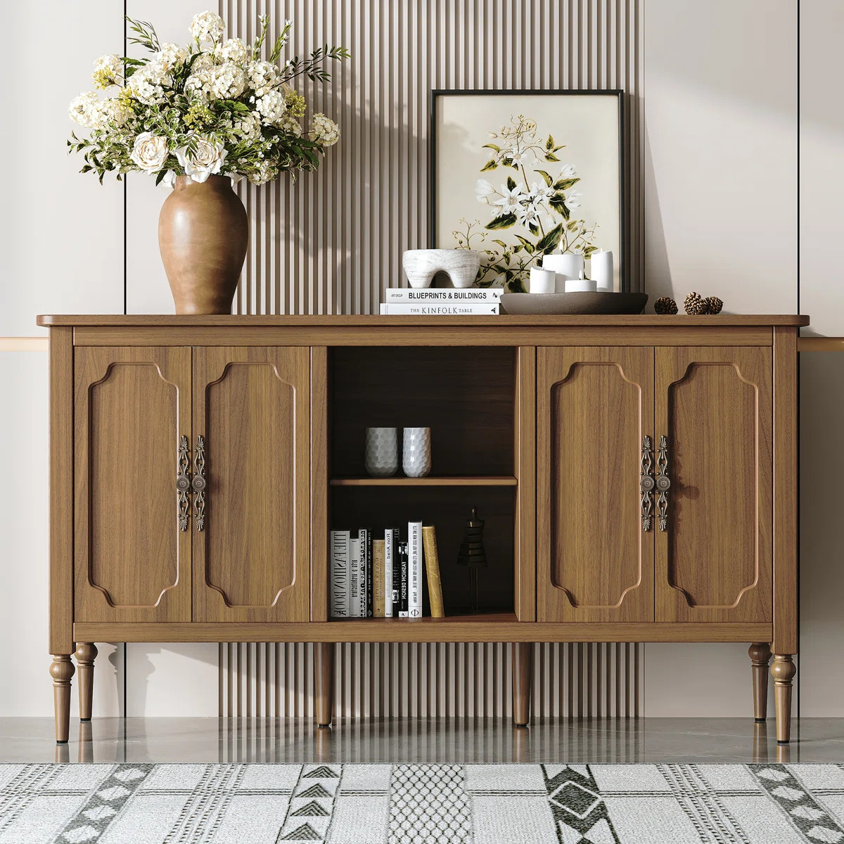 Gurbachan 59-in Vintage four-door cabinet with open shelves | Wayfair North America