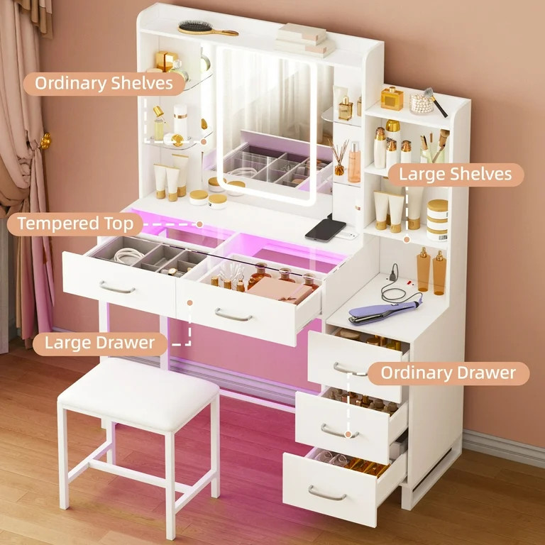 TOMNK White Vanity Desk with Stool, Mirror, LED Lights, Glass Top, RGB Drawers, Wireless Charging... | Walmart (US)