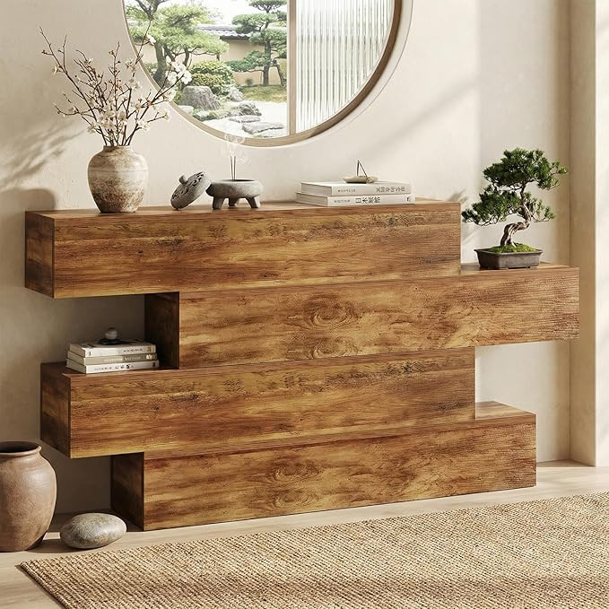 knoworld 63 Inch Farmhouse Console Table with 4 Tier Storage, Rustic Wooden Sofa Table Behind Cou... | Amazon (US)