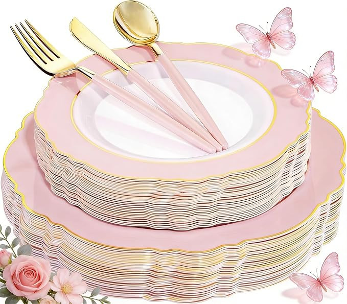 WDF 30Guest Pink Plates Disposable - Hign-end Baroque Design - Gold Plastic Silverware with Handl... | Amazon (US)