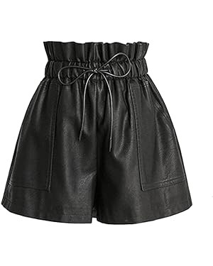 High Waisted Wide Leg Black Faux Leather Shorts for Women | Amazon (US)